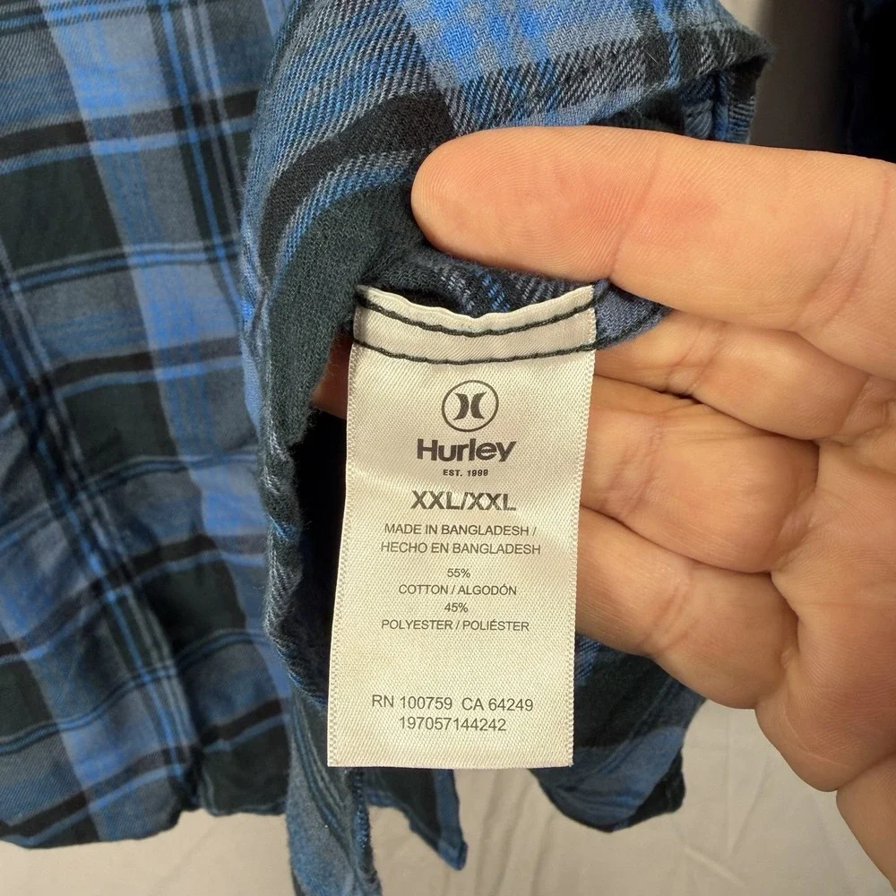 Hurley Long‎ Sleeve Button Shirt Men's Size 2XL Blue Plaid Flannel Cotton Blend